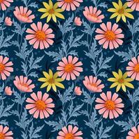 Colorful hand draw flowers on blue color seamless pattern. vector