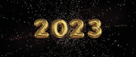 Gold powder spreading outwards on black background with golden inflatable balloons for 2023 vector