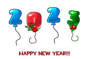 Greeting card happy new year 2023 numbers balloons. Colorful balloons on the background, postcard for the holiday. vector