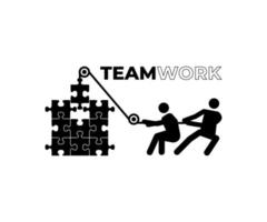 Vector illustration in simple flat style - teamwork and development concept - people holding abstract geometric shapes and puzzle pieces - organisation and management