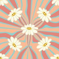 Retro Smile Chamomile Seamless Pattern on 1970 Wavy Swirl Seamless Pattern. Hippie Aesthetic. vector