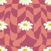 Retro Smile Chamomile Seamless Pattern on 1970 Wavy Swirl Seamless Pattern. Hippie Aesthetic. vector