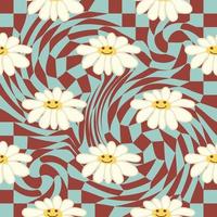 Retro Smile Chamomile Seamless Pattern on 1970 Wavy Swirl Seamless Pattern. Hippie Aesthetic. vector