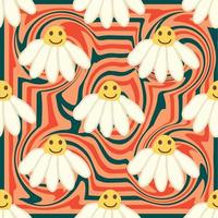 Retro Smile Chamomile Seamless Pattern on 1970 Wavy Swirl Seamless Pattern. Hippie Aesthetic. vector