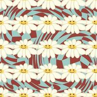 Retro Smile Chamomile Seamless Pattern on 1970 Wavy Swirl Seamless Pattern. Hippie Aesthetic. vector