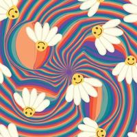 Retro Smile Chamomile Seamless Pattern on 1970 Wavy Swirl Seamless Pattern. Hippie Aesthetic. vector