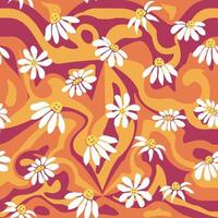 Groovy daisy retro seamless pattern. Retro Smile Chamomile Pattern on 1970 Hippie Aesthetic. vector