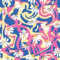 Groovy daisy retro seamless pattern. Retro Smile Chamomile Pattern on 1970 Hippie Aesthetic. vector