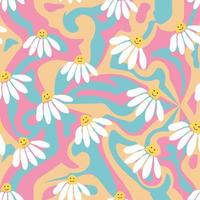 Groovy daisy retro seamless pattern. Retro Smile Chamomile Pattern on 1970 Hippie Aesthetic. vector