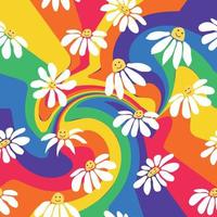 Groovy daisy retro seamless pattern. Retro Smile Chamomile Pattern on 1970 Hippie Aesthetic. vector