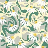 Groovy daisy retro seamless pattern. Retro Smile Chamomile Pattern on 1970 Hippie Aesthetic. vector