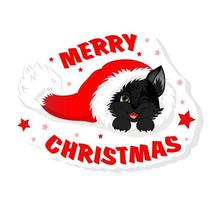 Sticker with black cat. Cute little kitty sitting in Christmas hat. vector