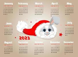 Calendar 2023 with symbol of the year rabbit or hare. Cute little rabbit or hare in christmas hat. Week starts on Sunday. vector