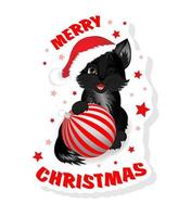 Sticker with black cat. Cute little kitty sitting with Christmas ball. vector