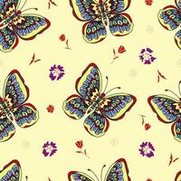 Seamless pattern with hand drawn  butterfly in zentangle style on yellow background. vector