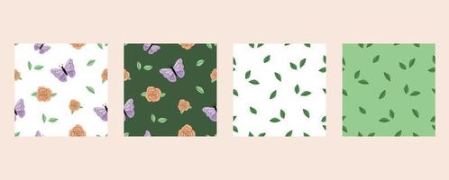 conjunto de patrones sin fisuras con mariposas, rosas y hojas. patrón de vector verde y blanco romántico en estilo plano dibujado a mano.