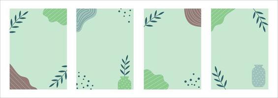 A set of vertical template frames with abstract elements. Vector blue backgrounds in a trendy aesthetic style. Vase with a twig. Copy space design collection