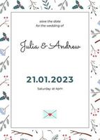 A card with a winter design for a wedding invitation. Save the date text. Vector botanical background in a gentle hand-drawn style.