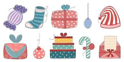 elementos navideños diseñados en estilo garabato para decoraciones temáticas navideñas, tarjetas, álbumes de recortes, impresiones digitales, diseños de bolsos, patrones de tela y más. vector