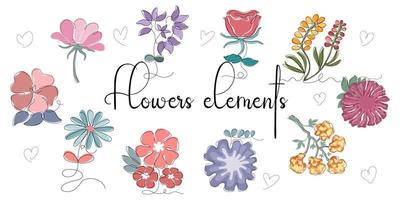 Flowers elements designed in vintage doodle style on white background. For decorations, wedding cards, digital prints, spring theme decorations, scrapbook and more vector