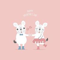 lindo y encantador dibujado a mano linda pareja bulldog francés pug amante sosteniendo flor, feliz día de san valentín, concepto de amor, ilustración de vector plano diseño de vestuario de personaje de dibujos animados