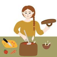 Housewife woman cook soup and salad in kitchen. vector