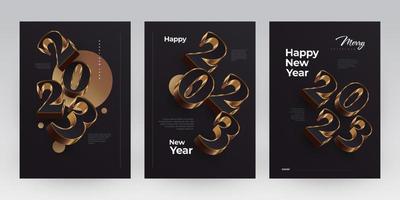 Happy New Year 2023 Poster Set with Black and Gold 3D Numbers. New Year Design Template for Decoration, Branding, Banner, Poster, Cover and Card vector