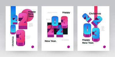 Happy New Year 2023 Poster Set with Colorful 3D Numbers. New Year Design Template for Decoration, Branding, Banner, Poster, Cover and Card vector