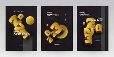 Happy New Year 2023 Poster Set with Black and Gold 3D Numbers. New Year Design Template for Decoration, Branding, Banner, Poster, Cover and Card vector