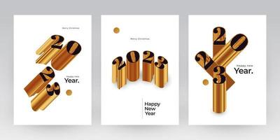 Happy New Year 2023 Poster Set with Black and Gold 3D Numbers. New Year Design Template for Decoration, Branding, Banner, Poster, Cover and Card vector