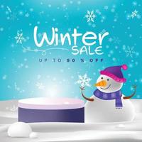 Winter Sale concept with product podium with illustration of snowman on falling snow background. vector