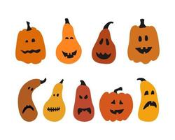 un conjunto de coloridas calabazas sonrientes para halloween. vector