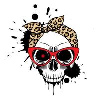 Skull with red glowing eye, splashes and drips of paint on white background. Grunge vector illustration