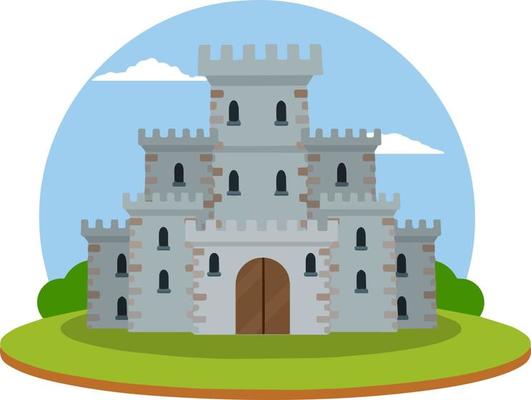 Medieval European stone castle. Knight fortress. Concept of security, protection and defense. Cartoon flat illustration. Military building with walls, gates and big tower.