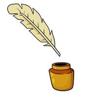 Quill pen and jar of ink. Vintage feather. The instrument of classical poet. Cartoon illustration vector