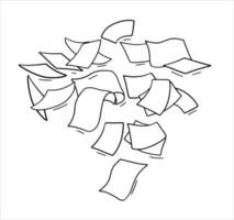 Paper files of documents fall down. Flying sheets. Blank sheet. Office element. Thrown object. White trash. Cartoon outline illustration vector