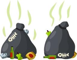 Garbage bag. Black bag with trash and junk. Empty green beer bottle, banana peel, jar, crumpled paper. The problem of disposal and recycling. Cartoon flat illustration. vector