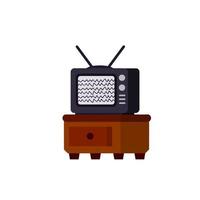 Old TV. Retro appliances with antenna on a small table. Furniture bedside table. An element of the room interior. Flat cartoon illustration vector
