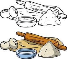 Rolling pin and dough. Wooden appliance for kitchen and cooking. Cartoon doodle illustration. Preparation of bread and pastries. Set of Ingredients-flour, milk, egg. Kneading dough vector