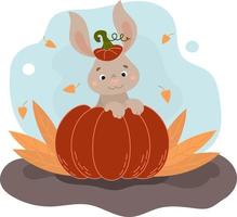 lindo conejito sentado en una calabaza, feliz halloween. ilustración de vector de cartel de otoño