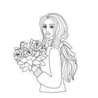 Cute coloring book with a girl with long hair flowers in her hands. Silhouette of a young woman. Autumn mood, simple sketch, linear art. vector