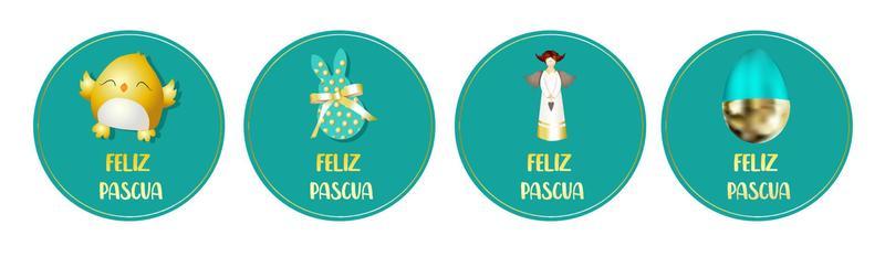 Easter stickers. Round badges. Chicken, angel, bunny rabbit. Spring design. Translation from Spanish HAPPY EASTER