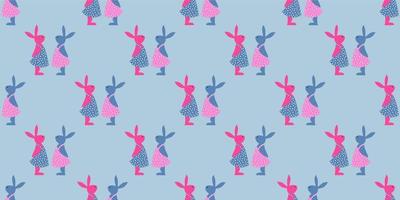 Easter background. Bright seamless pattern. Easter bunnies. Blue and pink. vector