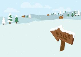 Winter in small town with hills and pines landscape. Snowfall in countryside landscape with blank space. vector