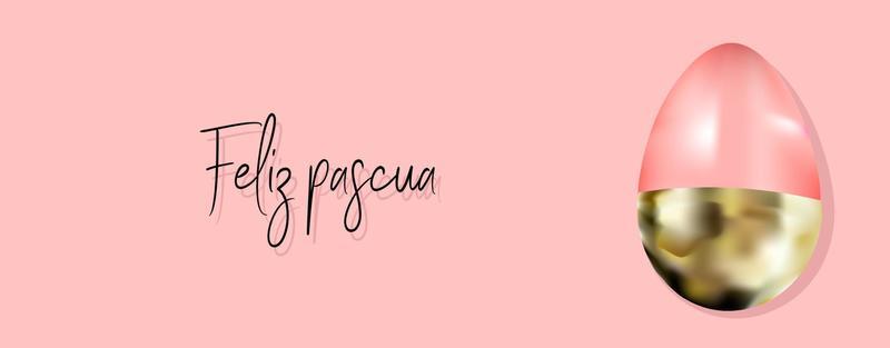 Easter card. Golden egg on a pink background. Spring design. Translation from Spanish HAPPY EASTER
