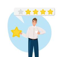 hombre dando calificación de cinco estrellas. hombre feliz dando una gran retroalimentación. buenos comentarios, ilustración del concepto de marketing. vector