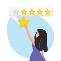 mujer dando calificaciones de cinco estrellas, gran diseño plano para cualquier propósito. experiencia del cliente, voto del cliente, ilustración del concepto de retroalimentación de calificación del cliente con una mujer joven y feliz. vector