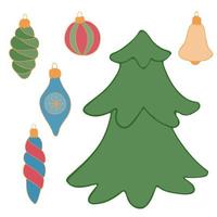 dibujo vectorial de un árbol de navidad y juguetes de árbol de navidad en el estilo de garabato sobre un fondo blanco. vector