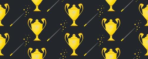 Winner cup. Seamless pattern. Background with a golden vase. Sports award. The magic bowl. Magic wand. vector