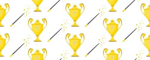 Seameless vector pattern for teenage textiles. Ideal for the design of notebooks, wrapping paper, fabric. Champion cup. Prize winner. Magic tools.